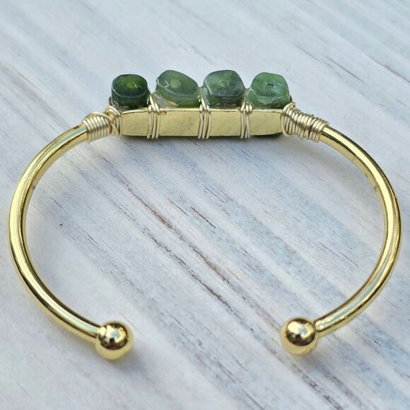 Jade 4-Stone Wire Wrap Cuff – 14Kt Gold Over Copper – Wisdom & Balance Talisman - Picture 6 of 11